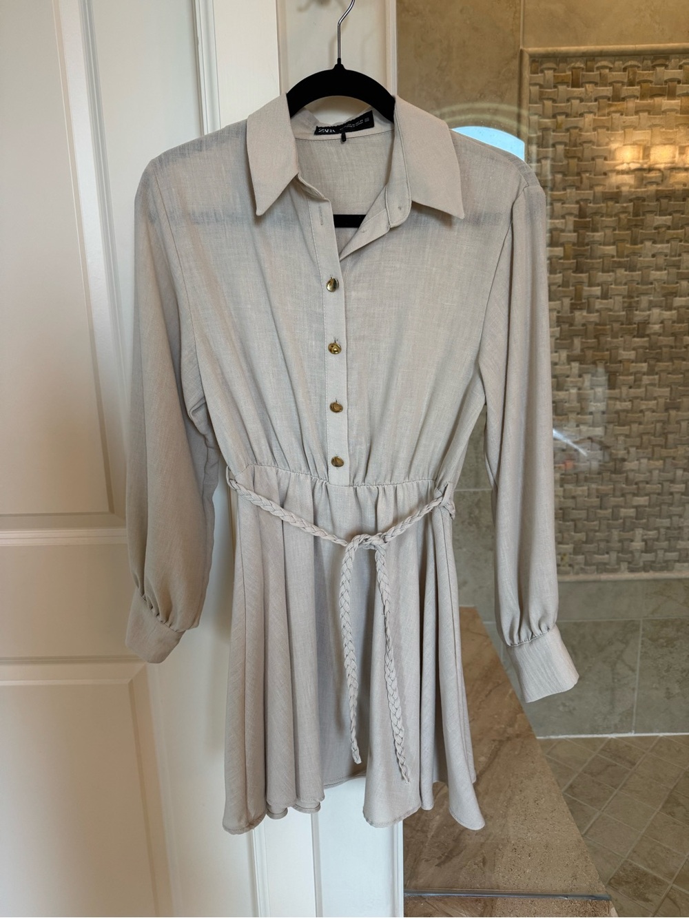 Zara Beige Long Sleeve Shirt Dress with Braided Belt